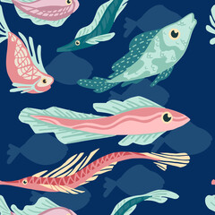 Seamless pattern of sea exotic fishes flat vector illustration on blue background
