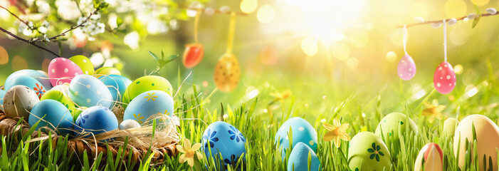 Spring Natural Background With Easter Eggs and Fresh Green Grass - 417390392