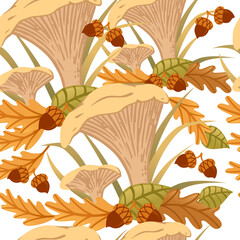 Seamless pattern yellow edible mushrooms growth in forest with yellow and green leaves vector illustration