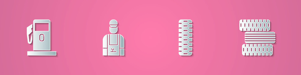 Set paper cut Petrol or Gas station, Car mechanic, tire wheel and icon. Paper art style. Vector.