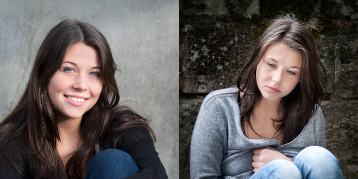 Two portraits of the same young woman, emotion concept, right photo: sad and depressed, left photo: positive and happy