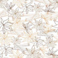 Contour seamless pattern of anise and cinnamon on a white background. Vector pattern of spices for paper and fabric.