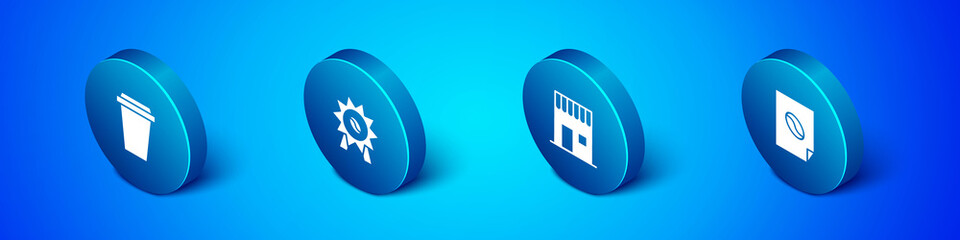 Set Isometric Coffee cup to go, shop, poster and Medal for coffee icon. Vector.