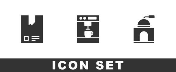 Set Bag of coffee beans, Coffee machine and Manual grinder icon. Vector.