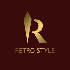 Capital Letter R. Retro Style. Creative Insignia. Abstract Logo. Simple Minimalistic Design. Gold Emblem for Brand Name, Business Card, Restaurant, Boutique, Printing on Clothing. Vector Illustration