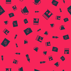 Set Bottle of water, V60 coffee maker, Coffee poster and shop on seamless pattern. Vector.