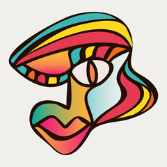 Abstract design of surreal face portrait. Hand-drawn face with a hint of cubism in funky colors. Concept art can be used for fashion, beauty treatment, health, and mental wellbeing.