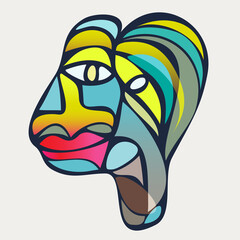 Abstract design of surreal face portrait. Hand-drawn face with a hint of cubism in funky colors. Concept art can be used for fashion, beauty treatment, health, and mental wellbeing.