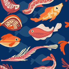 Seamless pattern of sea exotic fishes flat vector illustration on white background