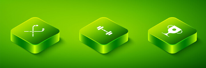 Set Isometric Dumbbell, Award cup and Ice hockey sticks icon. Vector.