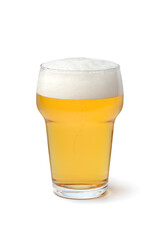 Single glass of fresh cold Dutch beer close up