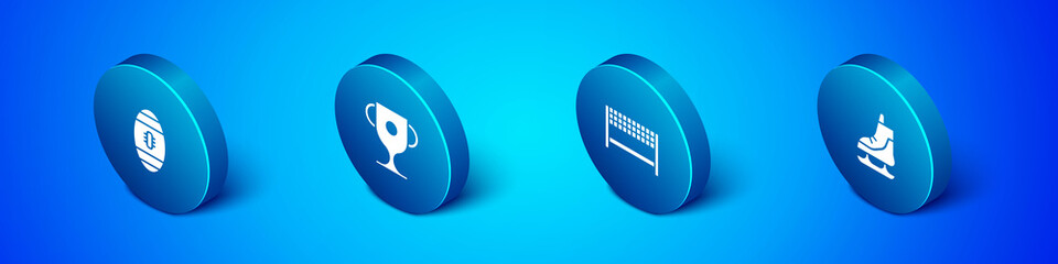Set Isometric American Football ball, Ribbon in finishing line, Skates and Award cup icon. Vector.