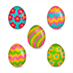 Set of Easter eggs.Colored elements with glitter texture and patterned isolated on white background.Decorative design can be used for setting cards,banners,posters etc.Vector illustration.
