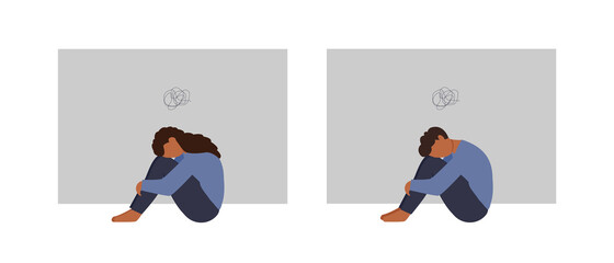 Sad, unhappy, lonely black skin man and woman in depression sitting and hugging knees scribble above head. Depressed people. Male and female in dark room. Mental health. Vector flat illustration 