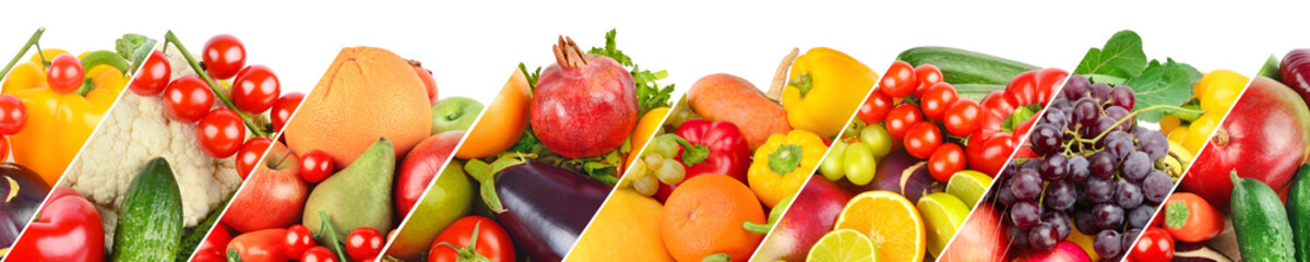 Different useful fruits and vegetables isolated on white background. Wide photo.