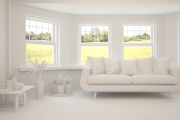 White living room with sofa and summer landscape in window. Scandinavian interior design. 3D illustration