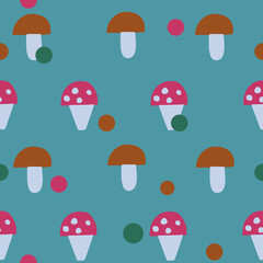 Seamless vector pattern. Fly and white mushrooms. Harvest. Simple shapes. For paper, cover, fabric or gift wrap. Vector illustration