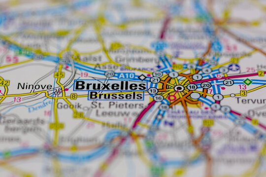 02-28-2021 Portsmouth, Hampshire, UK Brussels or Bruxelles Shown on a road map or Geography map