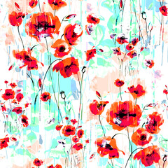  Abstract floral seamless pattern painted by brush field poppies