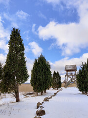 Path leads to the bird watching tower. Wooden observation tower stands in the national park. Outdoor adventure.