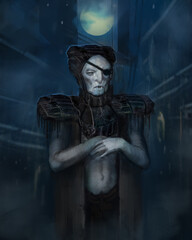 Fototapeta na wymiar Digital painting of a futuristic vampire in an urban city street environment - fantasy illustration