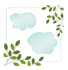 Minimalistic decorative background with willow branches and air clouds. Vector frame. Green leaves on a white background. Illustration for congratulations, invitations, cards with place for text.