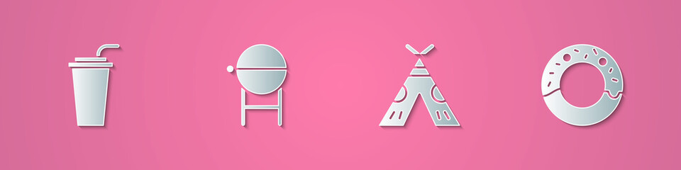 Set paper cut Paper glass with straw, Barbecue grill, Indian teepee or wigwam and Donut icon. Paper art style. Vector. © Kostiantyn