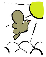 Cartoon of flying  bird.
Flying bird with sun warm.