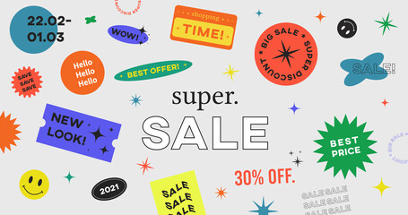 Special Offer Super Sale Banner Vector Design. Hipster background with promo label stickers. - obrazy, fototapety, plakaty