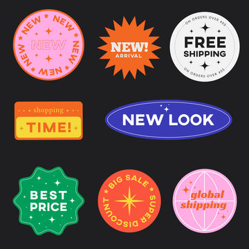 Set of Retro Shopping stickers. Cute Sale label badges. Trendy Free Shipping, New Look, Big Sale, Best Price Banners Pack Vector design.