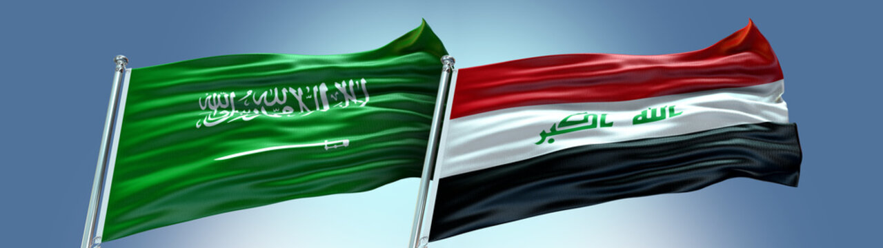 Iraq Flag And Saudi Arabia Flag Waving With Texture In Blue Sky Double Flag