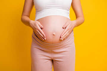 Cropped view of attractive pregnant girl touching big large stomach isolated over bright yellow color background