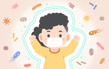 A strong healthy asian girl being protected from Viruses, Bacteria, Dust, Smoke, Germs With a mask illustration vector. Health Care Concept.