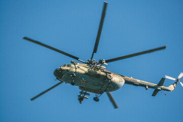 Military helicopters at the celebration of the victory in the Great Patriotic War, parade of May 9 in Minsk, Belarus.