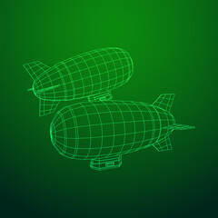 Airship dirigible airway travel transport. Air ship with gondola cabin. Wireframe low poly mesh vector illustration.