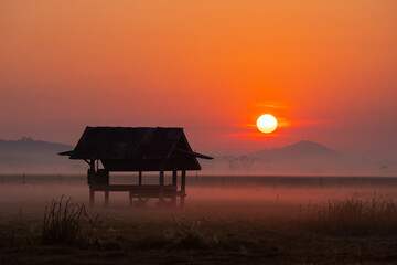 Silhouette of hut on the meadow and the morning mist 