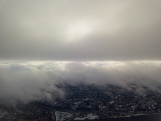 High view of Kiev through the clouds. Aerial view.