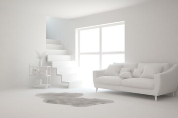 Mock up of stylish room in white color with sofa. Scandinavian interior design. 3D illustration