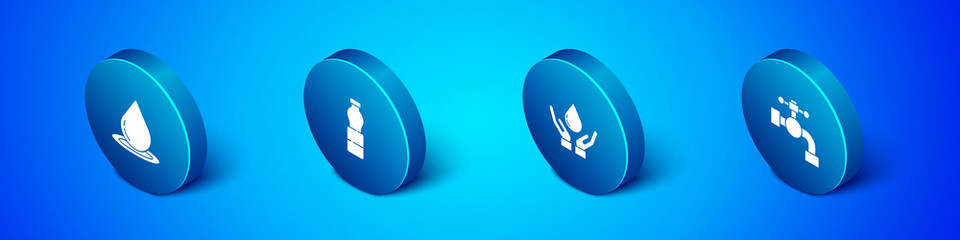 Set Isometric Water drop, Washing hands with soap, tap and Bottle of water icon. Vector.
