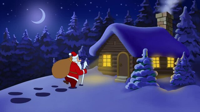 Christmas animated card Santa Claus at the house in forest. Part 3. Santa walks to the house in the forest through the snow