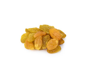 Yellow golden raisins isolated on white background.