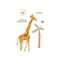 Cute baby poster for children with adorable giraffe in cartoon style, palm tree, sun, clouds and bird. Hand drawn vector illustration.