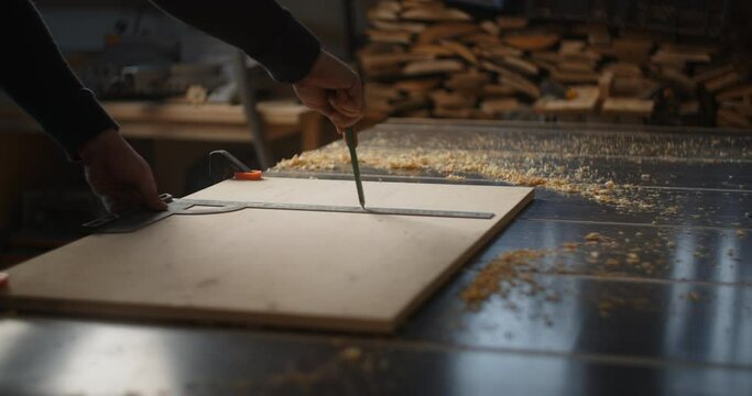 Carpenter marks out a plywood block before cutting it, furniture manufacturing, woodworking at craftsman's workshop, 4k 60p Prores 422 HQ 10 bit