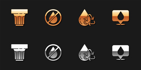 Set Glass with water, Water drop forbidden, Recycle clean aqua and location icon. Vector.