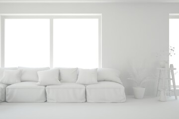 White minimalist living room with sofa. Scandinavian interior design. 3D illustration