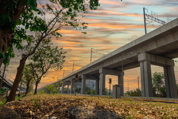 Traffic lights on the tracks and the skytrain tracks