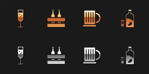 Set Glass of champagne, Pack beer bottles, Wooden mug and Vodka with pepper and glass icon. Vector.