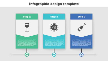 Set Wine glass, Alcohol 18 plus and Opened bottle of wine. Business infographic template. Vector.