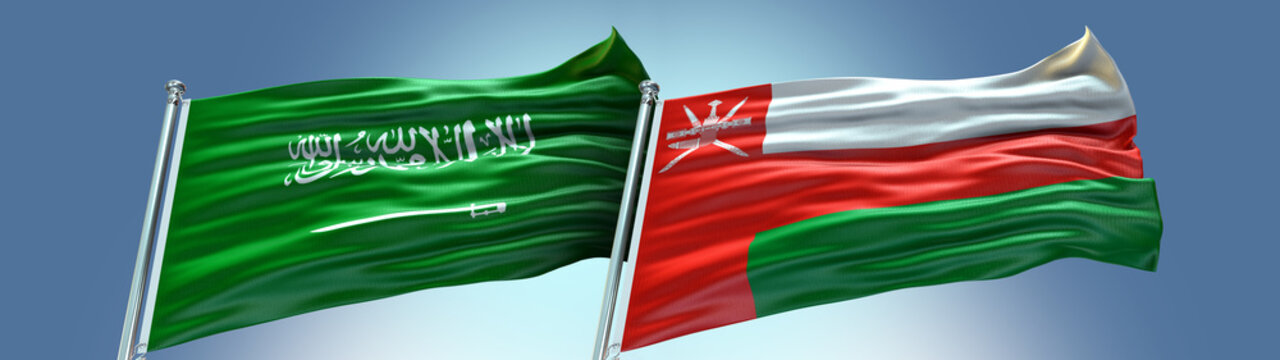 Oman Flag and Saudi Arabia Flag waving with texture in Blue sky Double flag