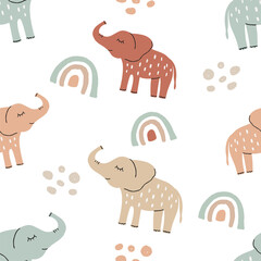 Cute funny safary seamless vector pattern with elephants and rainbows. Infantile style nursery Art with bishops perfect for Fabric, Textile. Hand drawn modern illustration in boho colors